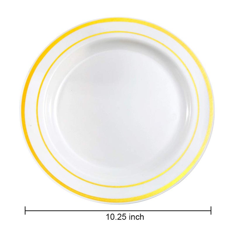 bUCLA 100Pieces Gold Plastic Dinner Plates - 10.25inch White and Gold Plates Disposable for Party - Ideal for Wedding, Party & Daily Use - Image 2