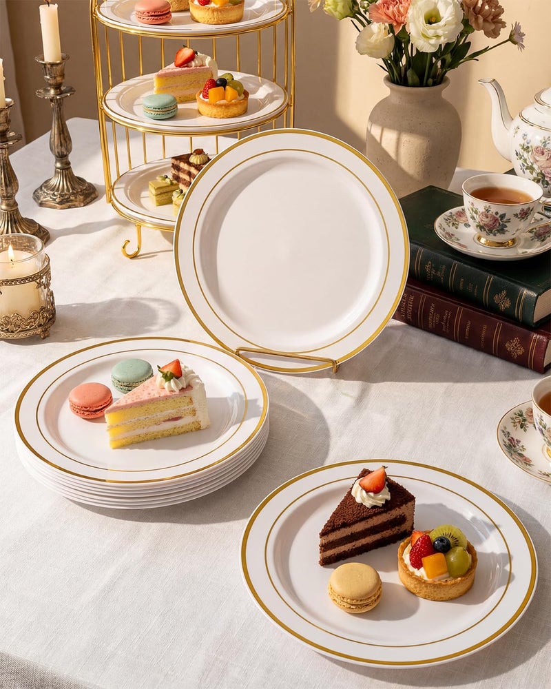 bUCLA 100Pieces Gold Plastic Dinner Plates - 10.25inch White and Gold Plates Disposable for Party - Ideal for Wedding, Party & Daily Use - Image 4