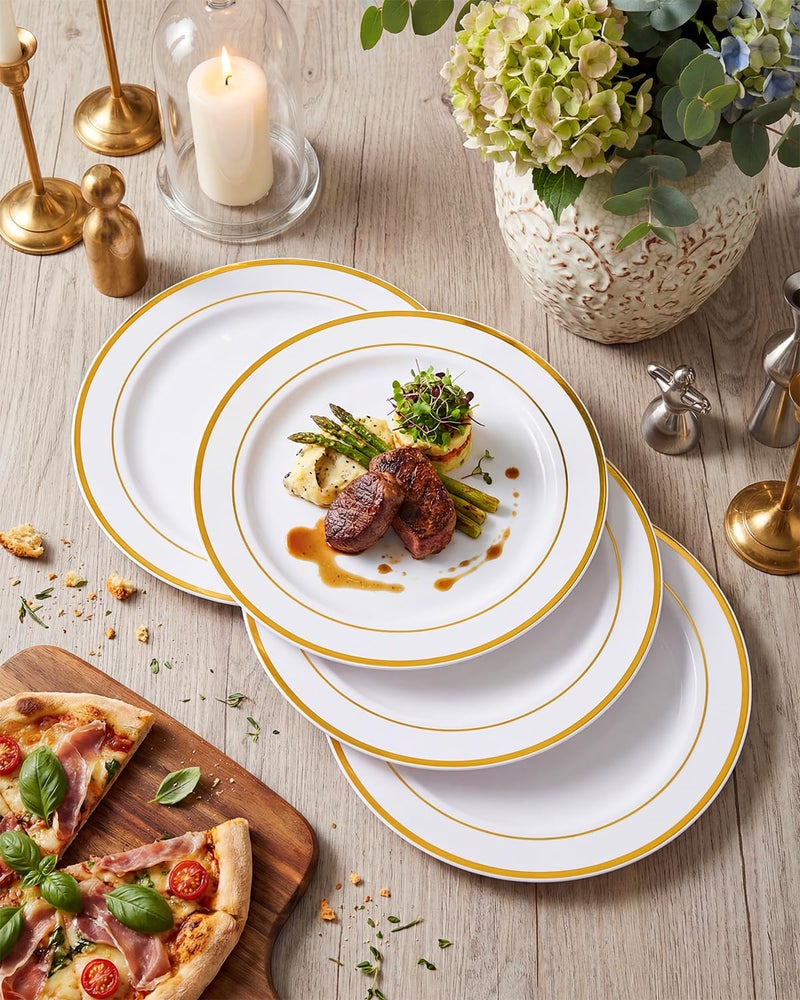 bUCLA 100Pieces Gold Plastic Dinner Plates - 10.25inch White and Gold Plates Disposable for Party - Ideal for Wedding, Party & Daily Use - Image 5