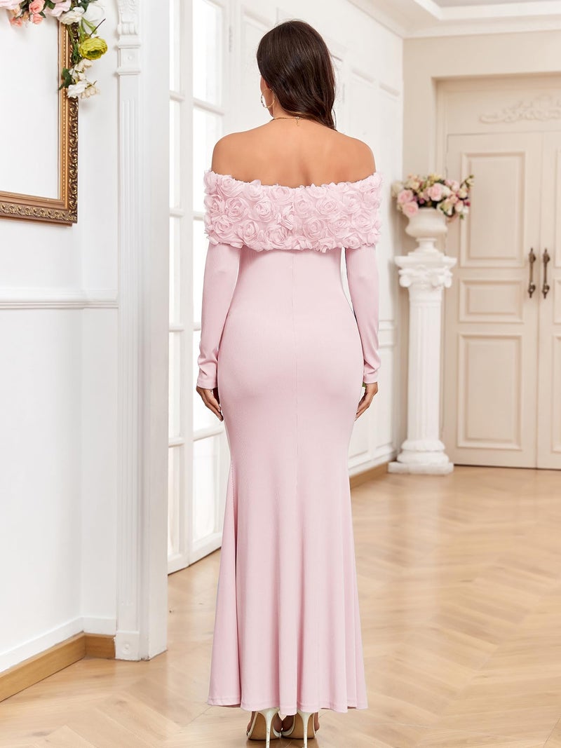 AISWI 3D Floral Off The Shoulder Maternity Dress Long Sleeve Ribbed Mermaid Maxi Bodycon Pregnancy Dresses Baby Shower, Light Pink, Medium - Image 2