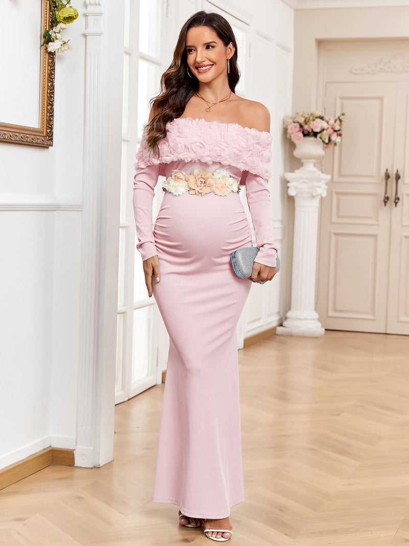 AISWI 3D Floral Off The Shoulder Maternity Dress Long Sleeve Ribbed Mermaid Maxi Bodycon Pregnancy Dresses Baby Shower, Light Pink, Medium - Image 3