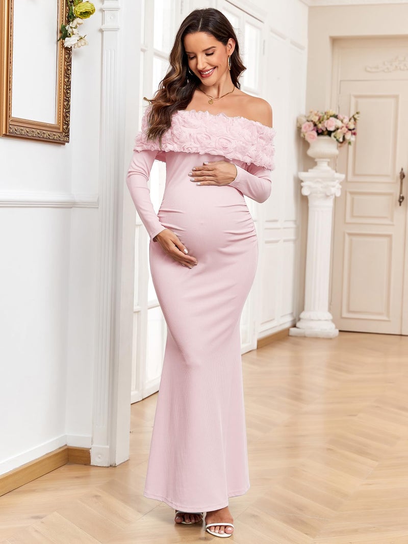 AISWI 3D Floral Off The Shoulder Maternity Dress Long Sleeve Ribbed Mermaid Maxi Bodycon Pregnancy Dresses Baby Shower, Light Pink, Medium - Image 5