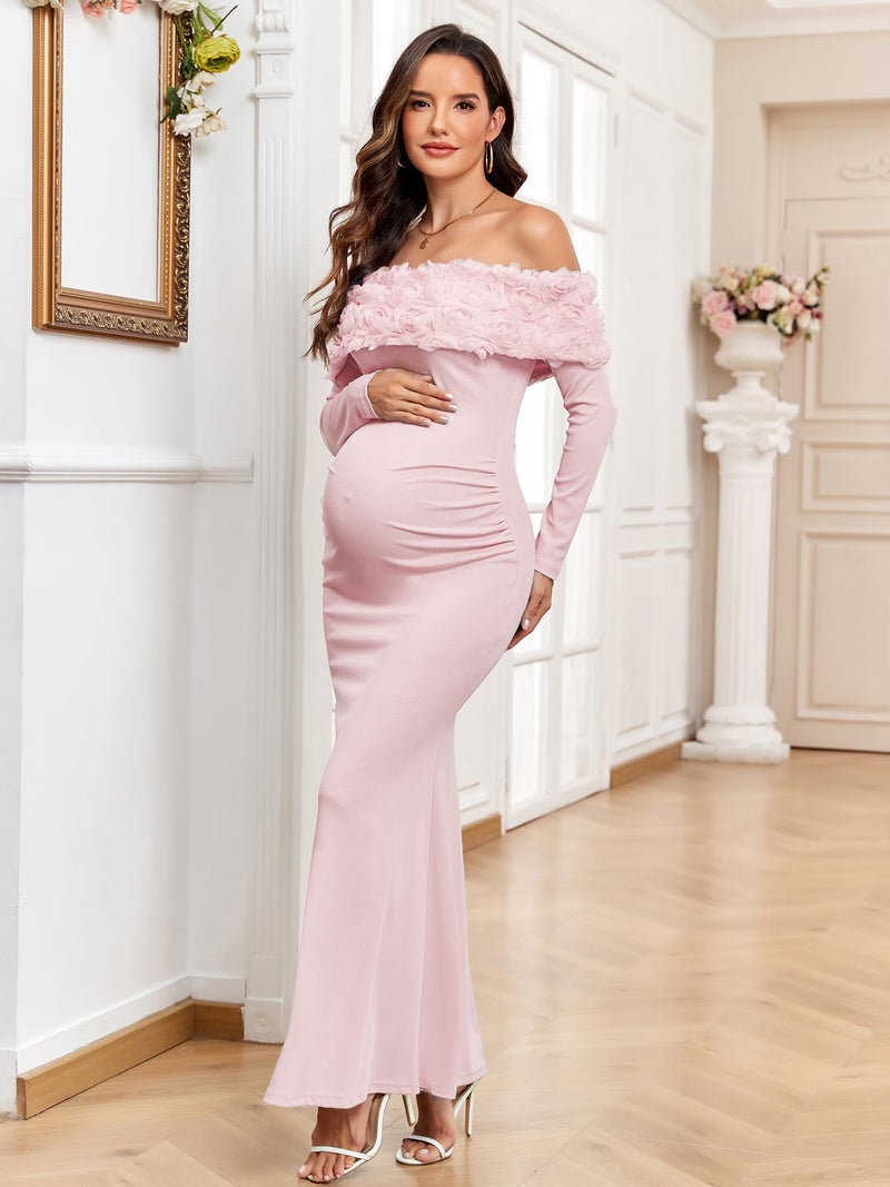 AISWI 3D Floral Off The Shoulder Maternity Dress Long Sleeve Ribbed Mermaid Maxi Bodycon Pregnancy Dresses Baby Shower, Light Pink, Medium - Image 4