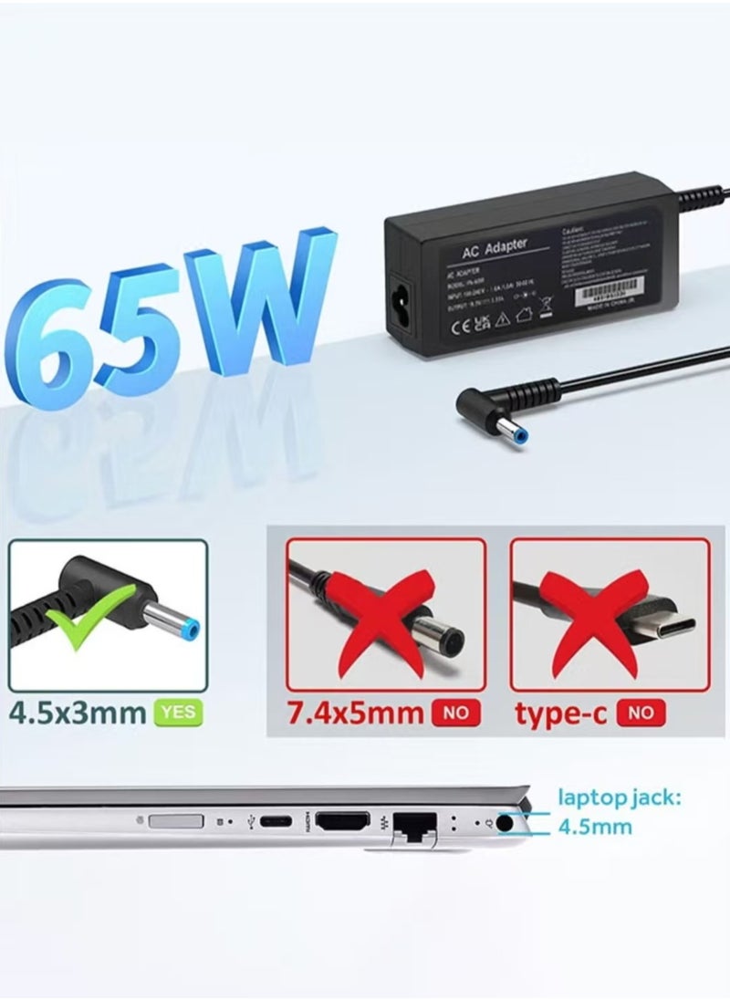 فلوينغ إتش بي كمبيوتر محمول شاحن 65W 45W 19.5V محول التيار المتردد استبدال إتش بي كروم بوك 11 14 G3 G4 Pavilion X360 11 13 15-F envy 13 15 17 ستريم 11 13 14 إليتيبوك فوليو 1040 G1 كمبيوتر محمول ( الأزرق غيض 4.5x3.0mm )  - Image 3