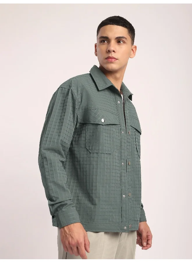 بيونغ Greyish Green Block Textured Shacket