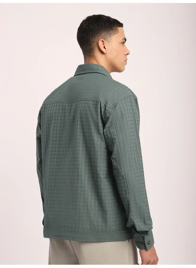 Beyoung Greyish Green Block Textured Shacket