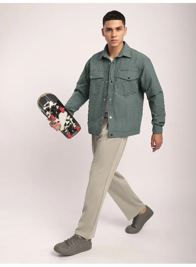 Beyoung Greyish Green Block Textured Shacket