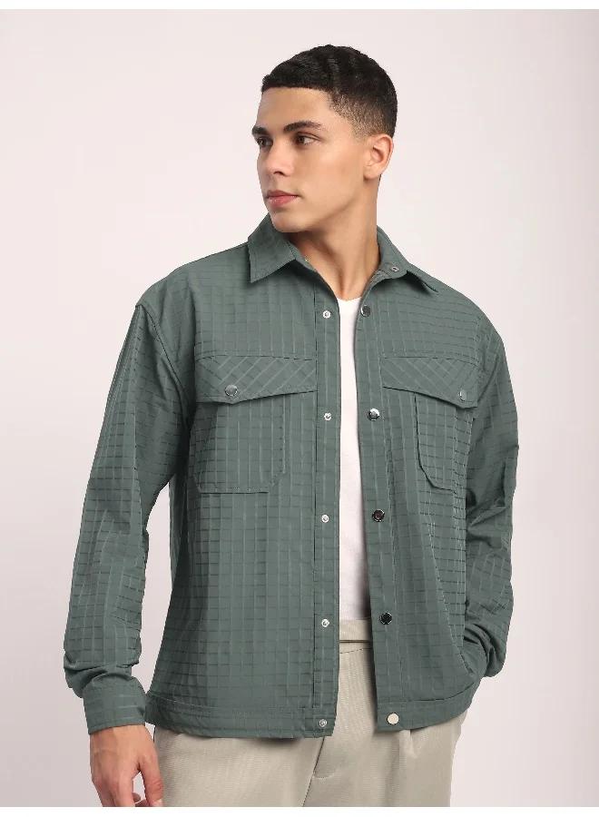 Beyoung Greyish Green Block Textured Shacket