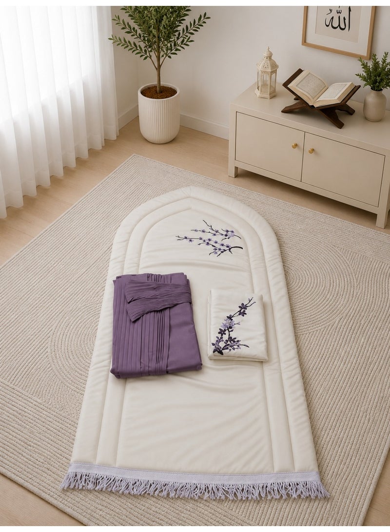 Ramadan Gifting Package Mihrab Prayer Rug Set with 2cm Thick Foam Lining and Prayer Dress with Side Tie and Pleated Trims - Purple