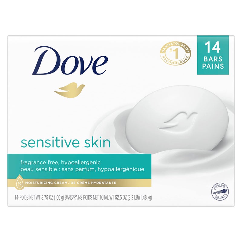 Dove Beauty Bar More Moisturizing Than Bar Soap for Softer Skin, Fragrance-Free, Hypoallergenic Beauty Bar Sensitive Skin With Gentle Cleanser 3.75 oz 14 Bars - Image 1