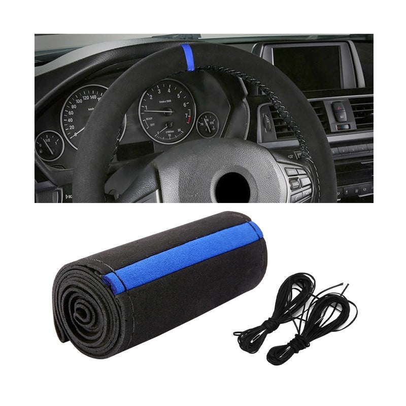 Ywdiml Car Steering Wheel Cover Stitch On Full Surround Soft Suede Steering Wheel Wrap Guard with Needle Thread Comfortable Grip Auto Interior Accessories Universal for Vehicle BlackBlue - Image 3