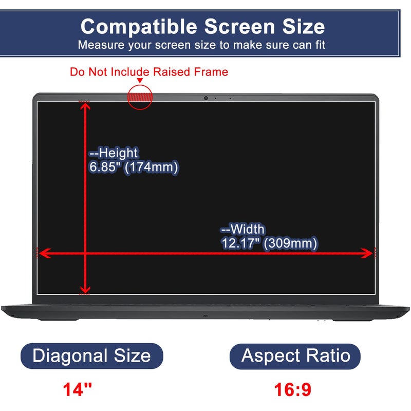 MUBUY-GOL حماية شاشة لابتوب 14 بوصة من زجاج مقسى (309x174mm/ العرض x الارتفاع) للابتوبات 14" من HP/Dell/Sony/ASUS/Samsung/Lenovo/Acer/MSI/LG/Razer Blade 14" 16:9، صلابة 9H، مضاد لبصمات الأصابع، خالي من الفقاعات 14" (16:9) - Image 2