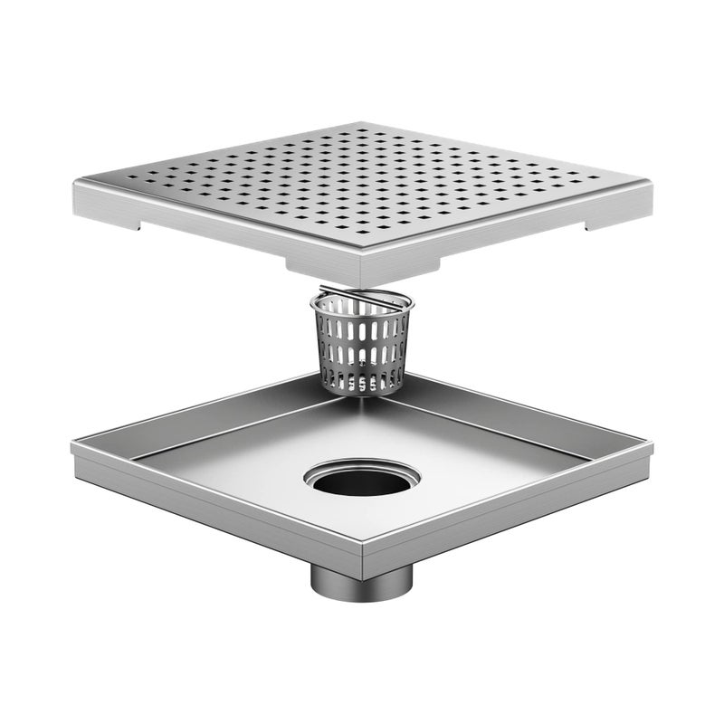 Neodrain 8Inch Square Shower Drain with Removable Quadrato Pattern Grate Brushed 304 Stainless Steel with WatermarkCUPC Certified Includes Hair Strainer