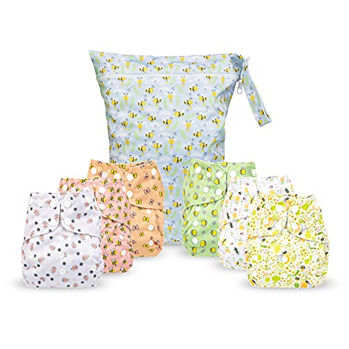 Simple Being Reusable Cloth Diapers, Double Gusset, One Size Adjustable, Washable Soft Absorbent, Waterproof Cover, Eco-Friendly Unisex Baby Girl Boy, six 4-Layers Microfiber Inserts (Bugs) - Image 1