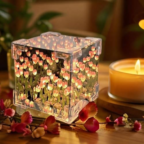 PANCA DIY - Do It Yourself - Tulip Cube Mirror Lamp, 30 Flowers LED Decorative Lamp, 2 in 1 Mirror & Table Ornaments for Bedroom Livingroom Desktop Decor Birthday Gift - Image 1