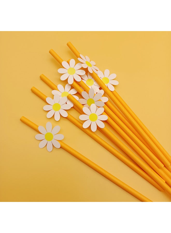 Factory Spot Wholesale Creative Party Straw Decoration Series With Card Small Flower Daisy Paper Straw Creative-Color:Deep Powder Flower + Pure Powder Straw  - Image 5