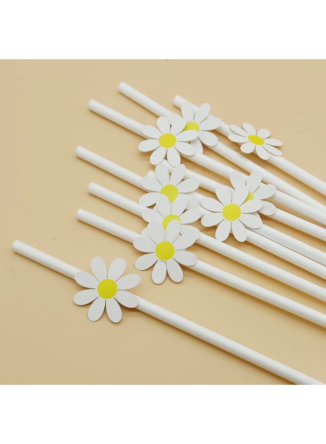 Factory Spot Wholesale Creative Party Straw Decoration Series With Card Small Flower Daisy Paper Straw Creative-Color:Deep Powder Flower + Pure Powder Straw  - Image 2