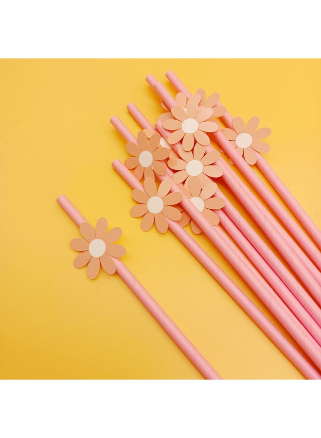 Factory Spot Wholesale Creative Party Straw Decoration Series With Card Small Flower Daisy Paper Straw Creative-Color:Deep Powder Flower + Pure Powder Straw  - Image 1