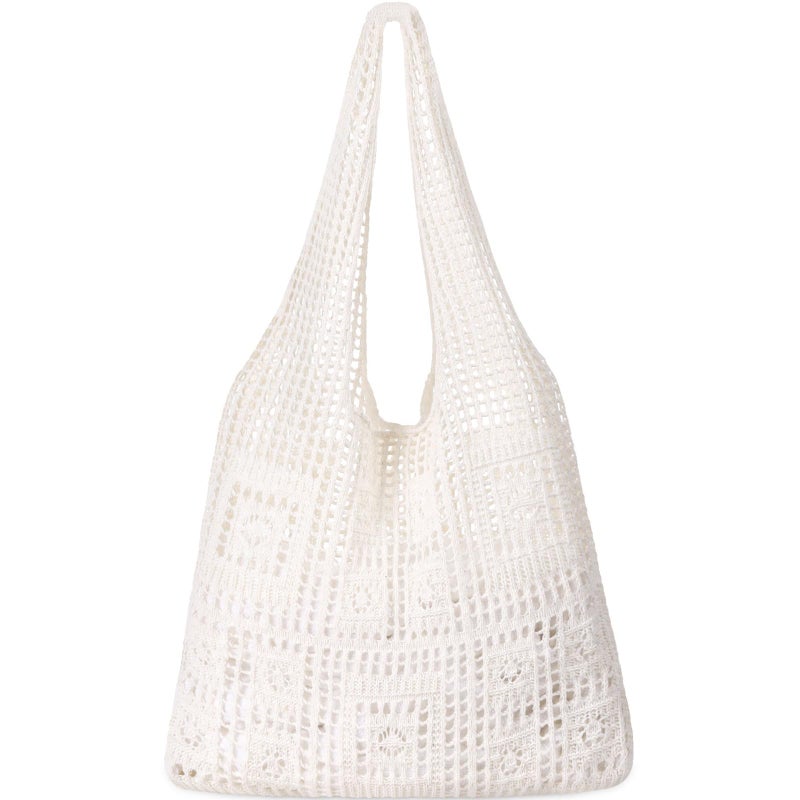 WantGor Crochet Bags, Beach Mesh Tote Bag Womens Shoulder Shopping Handbag Casual Travel Totes Bag Foldable Hobo Bags (Creamy) - Image 1