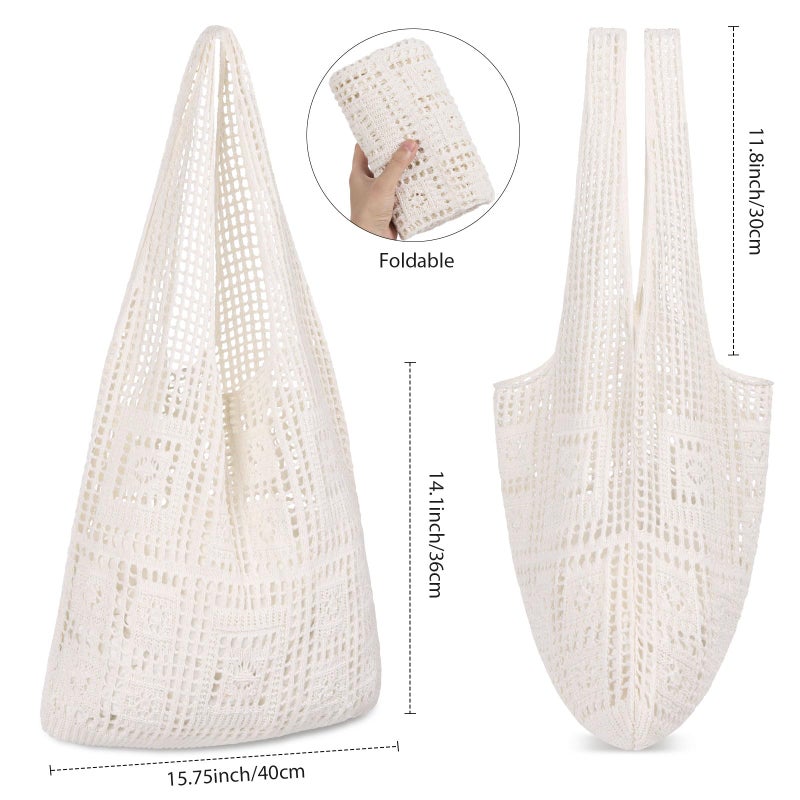 WantGor Crochet Bags, Beach Mesh Tote Bag Womens Shoulder Shopping Handbag Casual Travel Totes Bag Foldable Hobo Bags (Creamy) - Image 4