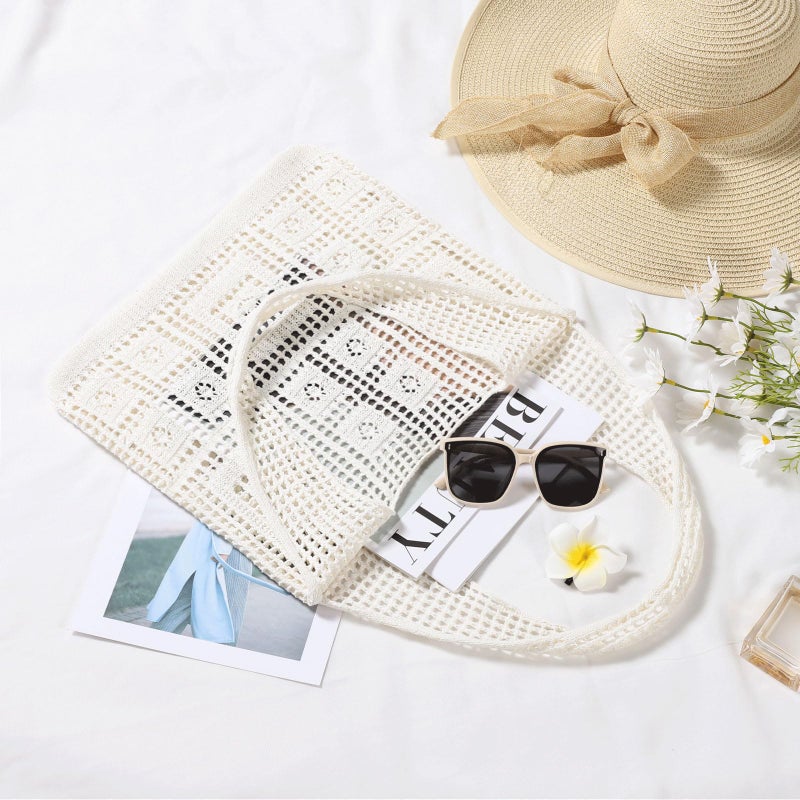 WantGor Crochet Bags, Beach Mesh Tote Bag Womens Shoulder Shopping Handbag Casual Travel Totes Bag Foldable Hobo Bags (Creamy) - Image 3