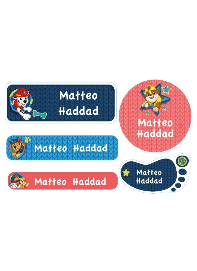 Essmak Paw Patrol Personalized Waterproof Name Labels for Kids – Set of 74 Custom Stickers for School Supplies, Lunch Boxes, Clothes and Toys  - Image 1