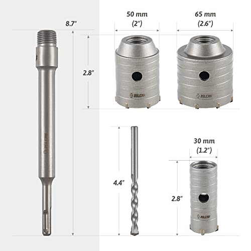 ZELCAN Hole Saw Kit, 4pc Drill Hole Cutter Set with 30 50 65mm Hole Drill Bits for SDS Plus Hammer Drills, Circle Drill Bits Hole Saw Set for Concrete Brick Cement Stone Wall Drilling Home Improvement - Image 3