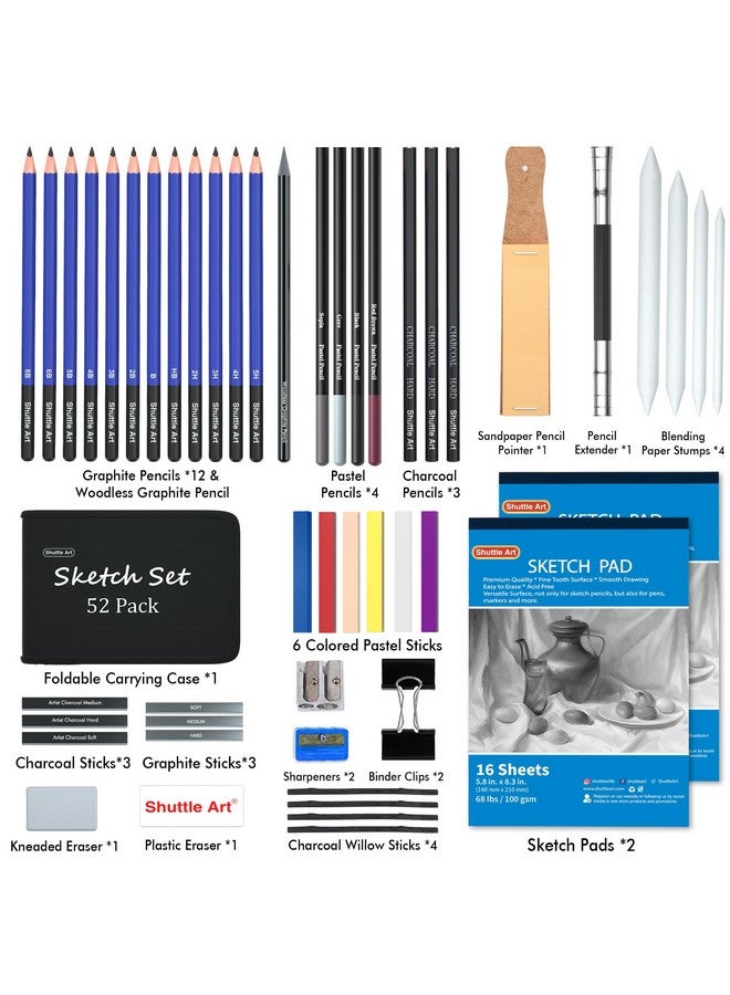 Shuttle Art Drawing Kit Shuttle Art 52 Pack Drawing Pencils Set Professional Drawing Art Kit With Sketch Pencils Graphite Charcoal Sticks Drawing Pad In Portable Case Drawing Supplies For Kids Adults Artists - Image 2