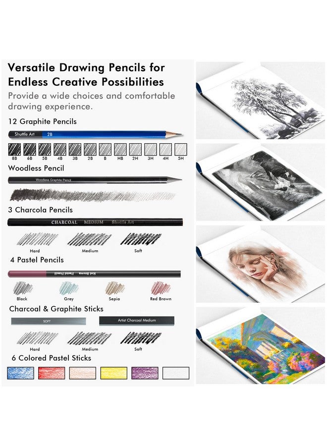 Shuttle Art Drawing Kit Shuttle Art 52 Pack Drawing Pencils Set Professional Drawing Art Kit With Sketch Pencils Graphite Charcoal Sticks Drawing Pad In Portable Case Drawing Supplies For Kids Adults Artists - Image 3