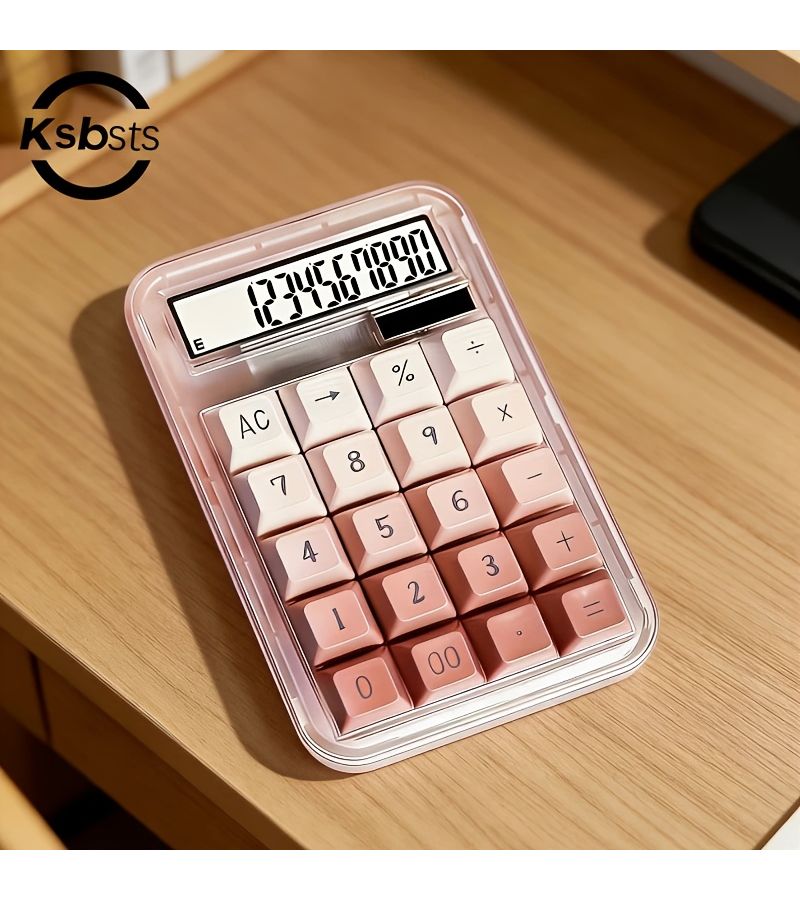 1pc 10 Digit Dual Power Calculator Solar And Battery Powered Gradient Pink Keycaps AC Clear All Function Percentage Calculation Automatic Shutdown Transparent Shell Compact Design Battery Not Included - Image 1
