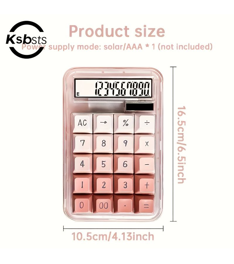 1pc 10 Digit Dual Power Calculator Solar And Battery Powered Gradient Pink Keycaps AC Clear All Function Percentage Calculation Automatic Shutdown Transparent Shell Compact Design Battery Not Included - Image 2