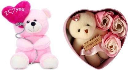 Nihan Enter[prises Nihan Enterprises Collection Artificial Flower Pink Heart Box 11 cmwith Teddy and I Love You Baloon Teddy Showpiece Gift Set Valentine Special 28 cm 