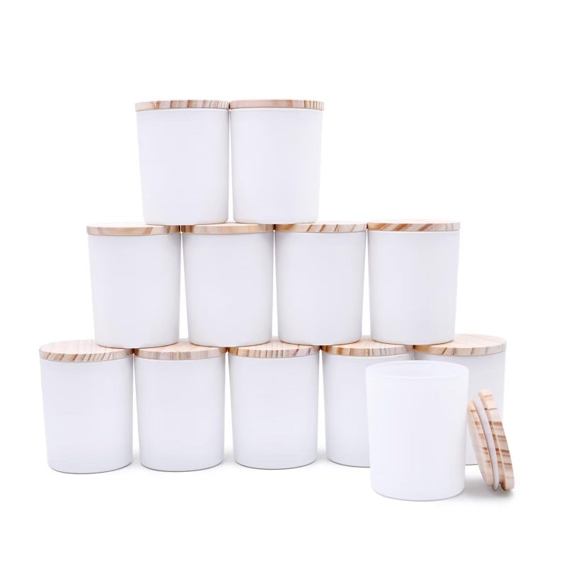 SHOWIN Thick Candle Jars for Making Candles 12 Pcs 7 OZ Empty Jars with Wood Lids for Candle Making Sample Container Matte White
