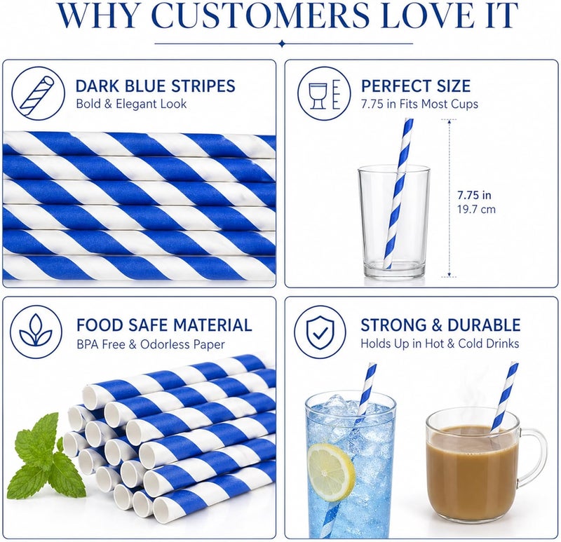 Haundry 100 Blue and White Striped Paper Straws, Biodegradable Disposable Drinking Straws for Birthday, Wedding, Baby Shower, Fourth of July, Party Decoration Supplies - Image 3