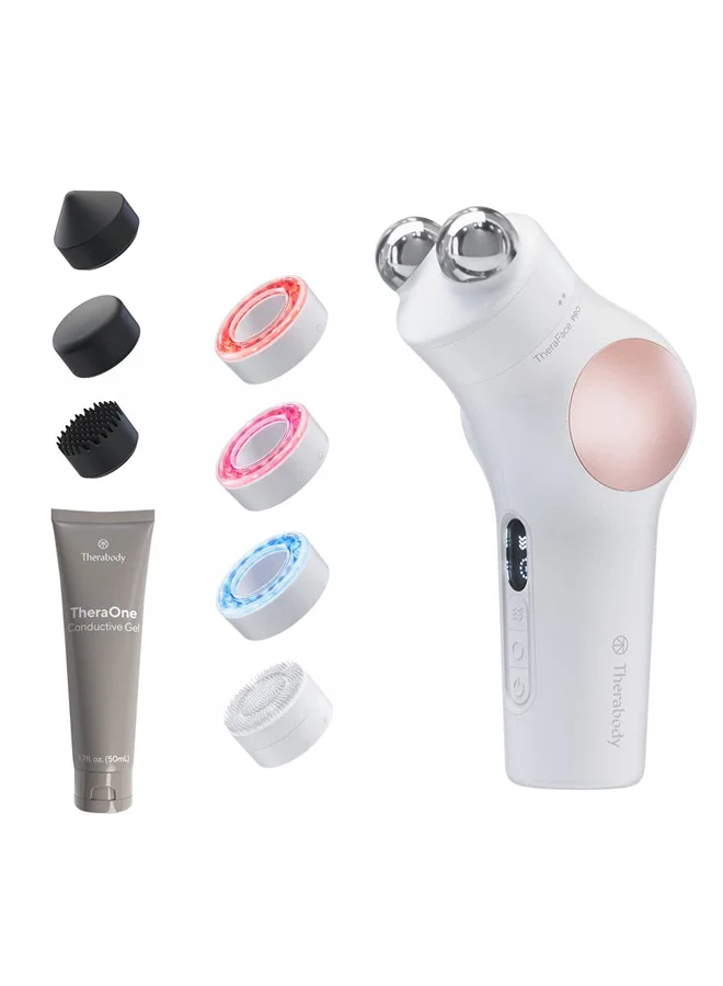 Therabody TheraFace PRO - Handheld Facial Massage Device - Compact Electric Face and Skin Care Therapy Tool - 8-in-1 Treatment with Microcurrent and LED Light Therapy Rings for Ultimate Personal Beauty, White