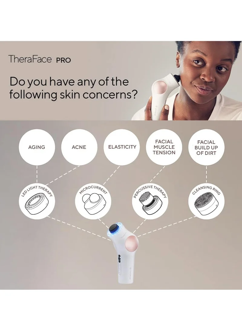 Therabody TheraFace PRO - Handheld Facial Massage Device - Compact Electric Face and Skin Care Therapy Tool - 8-in-1 Treatment with Microcurrent and LED Light Therapy Rings for Ultimate Personal Beauty, White