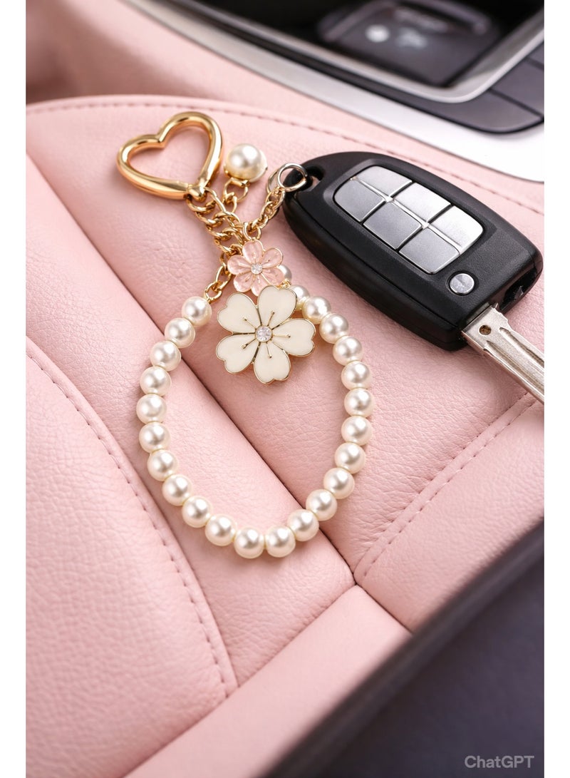 Keychain for Women & Men Pearl Beaded Gold Heart | Fashion Key Ring | Handbag & Backpack Bag Charm Accessory | Cute Decoration Gift | One Size UAE - Image 3