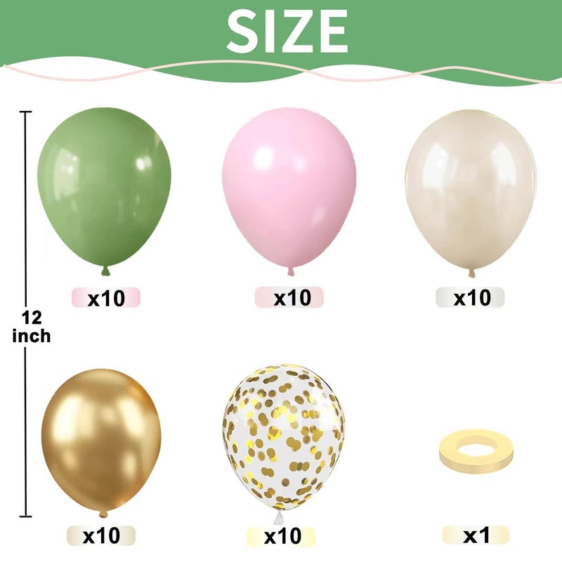 Blocesa Sage Green Pink Balloons, 50pcs Olive Green Pastel Pink Sand White Metallic Gold Balloons Gold Confetti Balloons with White Ribbon for Wedding Bridal Shower Birthday Party Safari Decorations. - Image 2