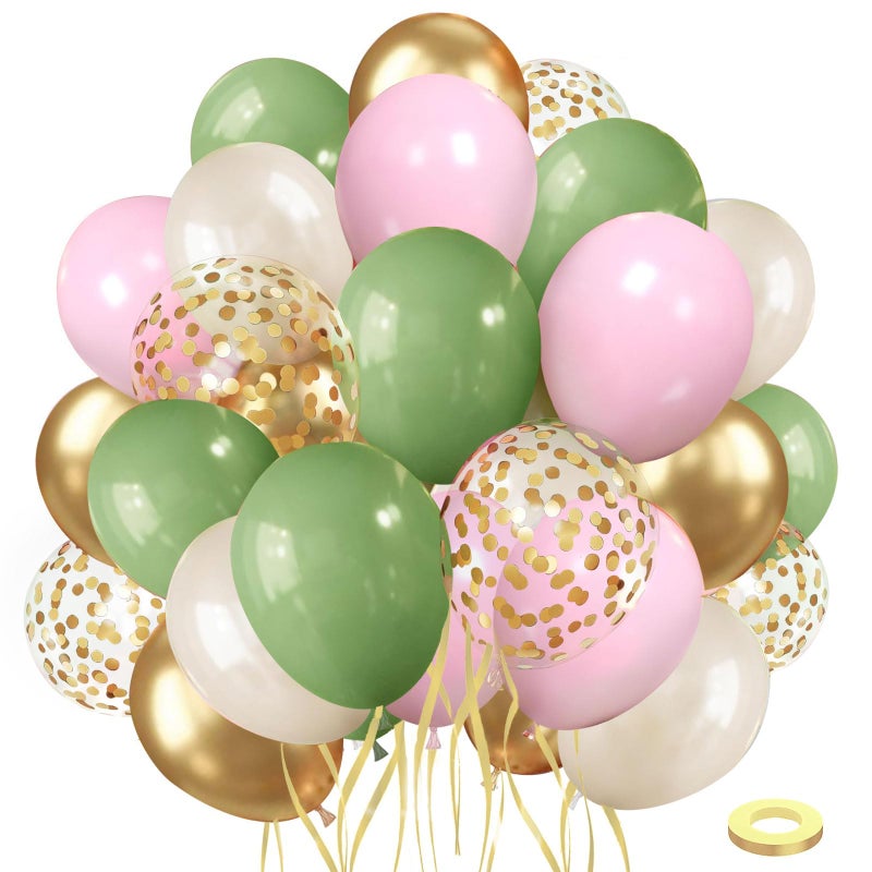 Blocesa Sage Green Pink Balloons, 50pcs Olive Green Pastel Pink Sand White Metallic Gold Balloons Gold Confetti Balloons with White Ribbon for Wedding Bridal Shower Birthday Party Safari Decorations. - Image 1