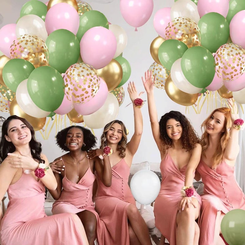Blocesa Sage Green Pink Balloons, 50pcs Olive Green Pastel Pink Sand White Metallic Gold Balloons Gold Confetti Balloons with White Ribbon for Wedding Bridal Shower Birthday Party Safari Decorations. - Image 5
