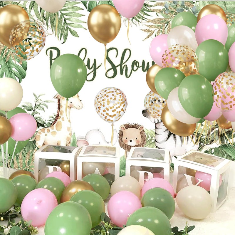 Blocesa Sage Green Pink Balloons, 50pcs Olive Green Pastel Pink Sand White Metallic Gold Balloons Gold Confetti Balloons with White Ribbon for Wedding Bridal Shower Birthday Party Safari Decorations. - Image 4