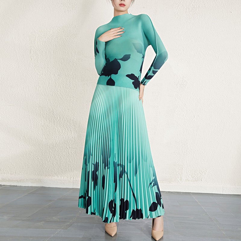 Trendy Printed Womens Suit Elastic High-Waist Skirt Set Army Green - Image 4