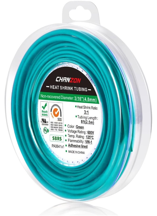 CHANZON Chanzon 3:1 Ratio 3/16" (4.8mm) Heat Shrink Tubing - Marine Grade Waterproof Adhesive Lined - 8Ft Roll (2.5M Total Length) Green Polyolefin Sleeving Wrap Shrinking 3 to 1 Ratio 1pcs  - Image 1