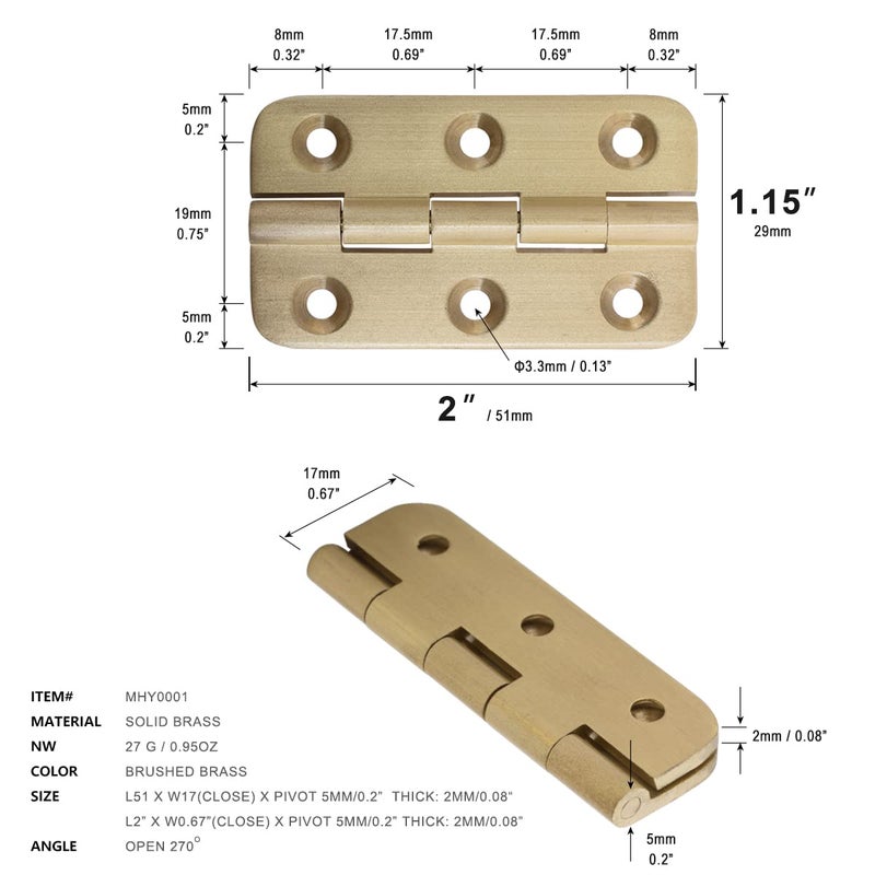 Keenkee 4 Pcs Brushed Solid Brass Butt Hinges 2 Inch For Cabinet Doors Trunks Wood Chest Lid Crafts Jewelry Box And Small Wooden Boxes Furnitures Round Corner Mortise Brass Hinge With Screws - Image 3