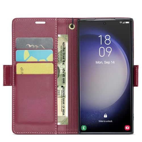 Bracevor Deluxe Leather Flip Cover case for Samsung Galaxy S25 Ultra : Burgundy Red | Full Camera Cover | RFID Blocking Wallet Pockets | 360 Degree Protection - Image 3