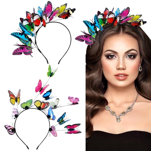 Dizila 2 Pieces Colorful Butterfly Headbands Festival Halloween Carnival Christmas Costume Butterfly Hair Crowns Tiaras Hoops Bands Headpieces for Women Girls Teens - Image 1
