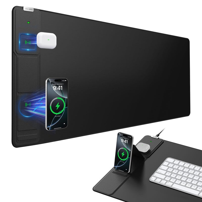 abc.mat Wireless Charging Mouse Pad with Foldable Phone Holder, 31.5"x15.8" Large Desk Mat for Laptop/Keyboard, Waterproof Ultra-Smooth Surface, Non-Slip Base, Black - Image 1