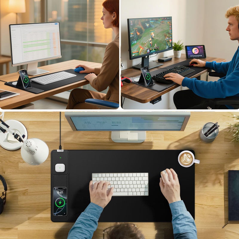 abc.mat Wireless Charging Mouse Pad with Foldable Phone Holder, 31.5"x15.8" Large Desk Mat for Laptop/Keyboard, Waterproof Ultra-Smooth Surface, Non-Slip Base, Black - Image 4