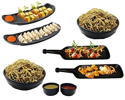 DECOR VIBES Melamine French Fries, Momos, Paneer Tikka Serving Platter with 2 Noodles Bowls and 2 Dip Bowls Unbreakable Dessert and Snacks Platter/Tray (Matt Black, Combo Pack of 8) - Image 1