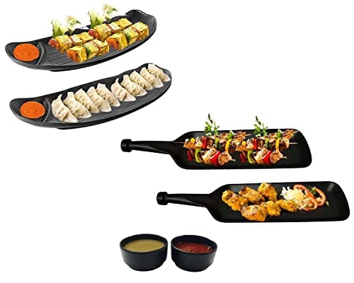DECOR VIBES Melamine French Fries, Momos, Paneer Tikka Serving Platter with 2 Noodles Bowls and 2 Dip Bowls Unbreakable Dessert and Snacks Platter/Tray (Matt Black, Combo Pack of 8) - Image 2